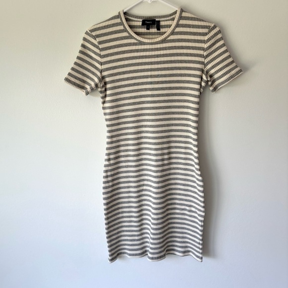 Theory Cherry Striped Ribbed Shirt Dress Fitted Bodycon Grey White Luxury Casual - Picture 2 of 9